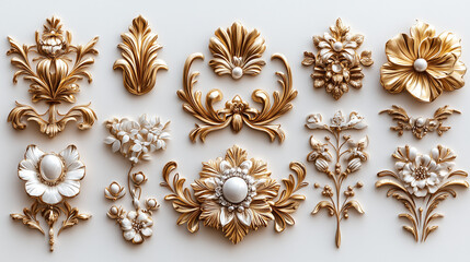 Elegant collection of golden floral and ornamental designs, showcasing intricate details suitable for luxury decor and artistic projects. golden baroque patterns on a white background