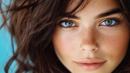 Obraz premium Close-Up Portrait of a Young Woman with Bright Blue Eyes and Messy Hair. Generative AI