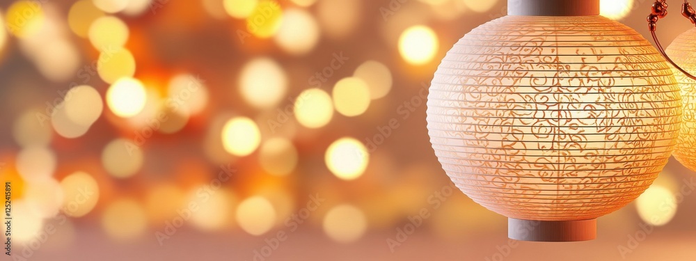 Poster softly glowing paper lantern with elegant patterns against a blurred warm background of lights