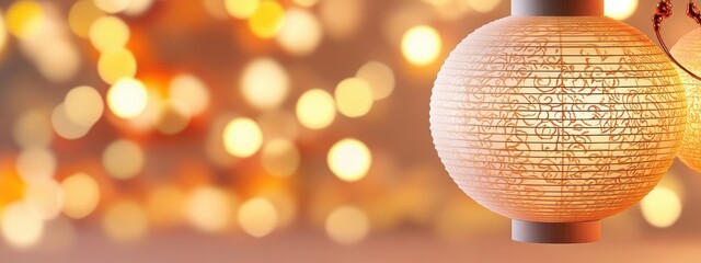Softly Glowing Paper Lantern with Elegant Patterns Against a Blurred Warm Background of Lights