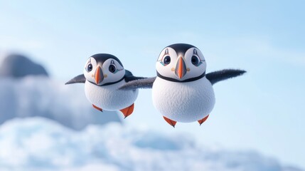 Two puffins flying over icy landscape, arctic wildlife