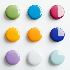 Colorful paint swatches arranged in a grid, showcasing vibrant hues perfect for design inspiration white background. multicolored round glossy buttons on a white background
