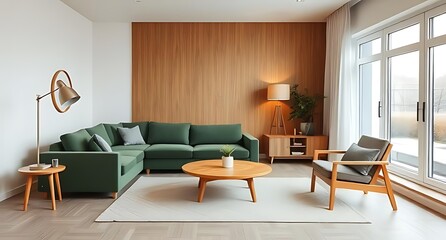 Modern Minimalist Living Room with Green Sofa and Wooden Furniture. Scandinavian Interior Design.