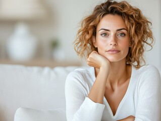 Self-Reflection in a Warm Cozy Living Room Portrait Photography of a Contemplative Young Woman