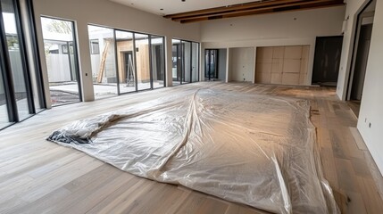 A covered floor with protective sheets before beginning air conditioner installation.