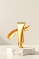 a close up of a tube of gold cream on a white surface