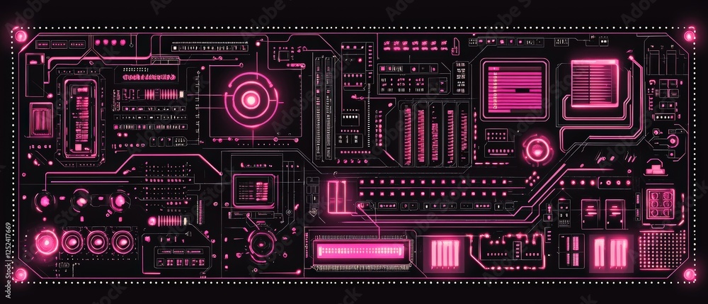 Aufkleber neon pink circuit board with glowing components and futuristic design for high-tech backgrounds