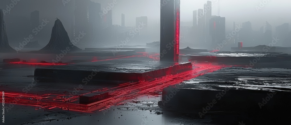 Poster futuristic high-tech circuit board landscape with glowing red traces in a dystopian city environment