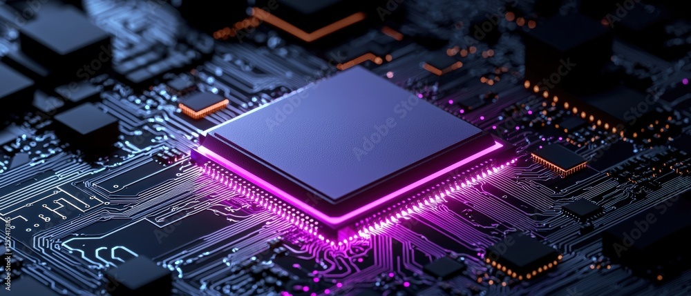 Aufkleber futuristic circuit board with glowing neon purple lines and advanced microchip technology in an abst