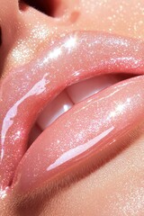 Fototapeta premium Glossy pink lips close-up shot, beauty and makeup concept, skin and sparkle effect