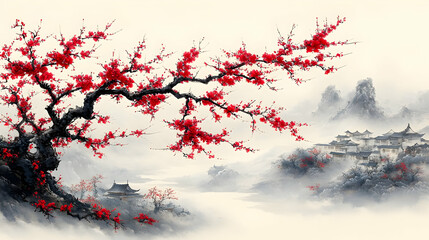 Red Plum Blossoms, Misty Mountains, Village