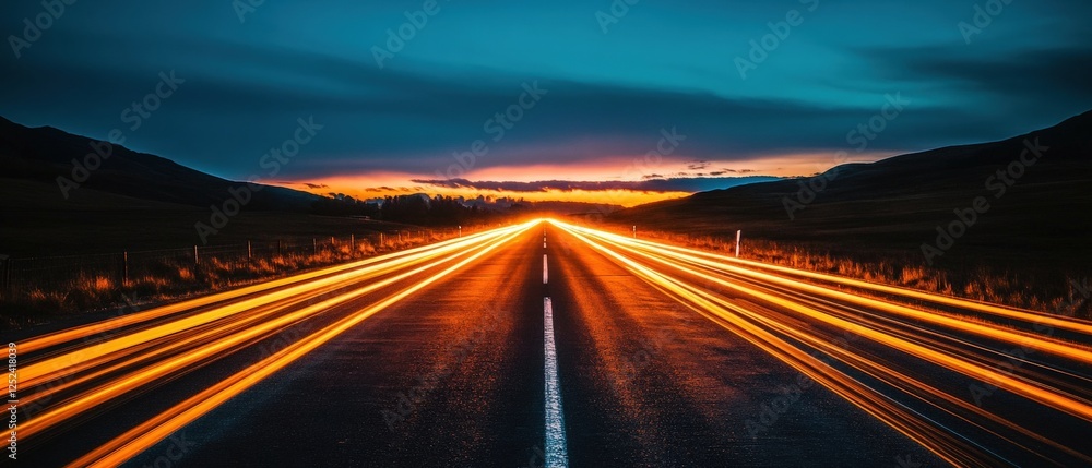 Poster long exposure of light streaks on an empty highway at night creating a mysterious atmosphere