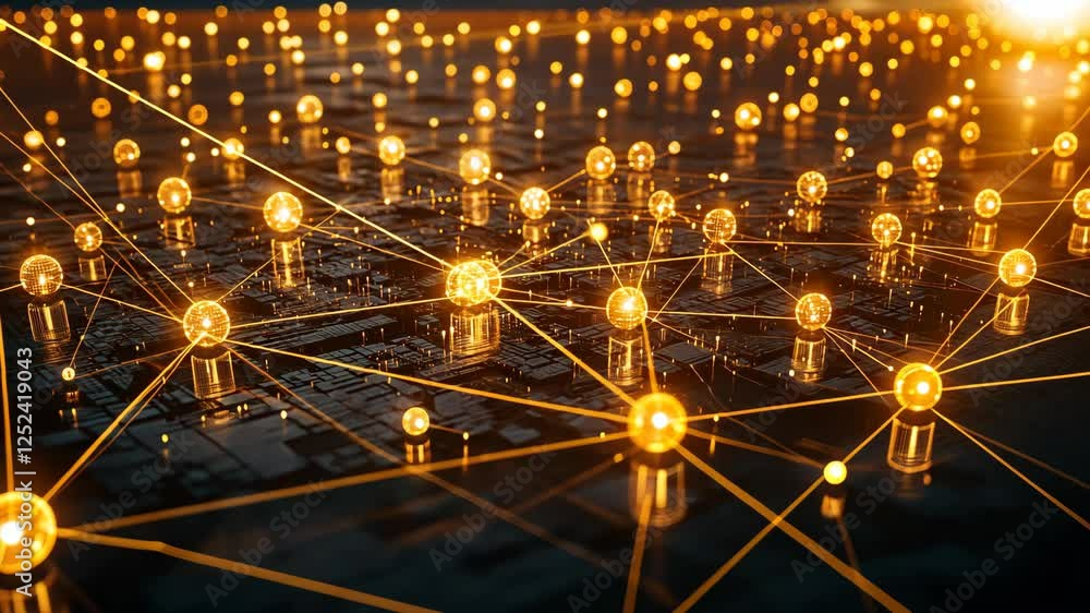 Poster bright orange nodes connected by golden lines illustrate a network of data in a digital environment 
