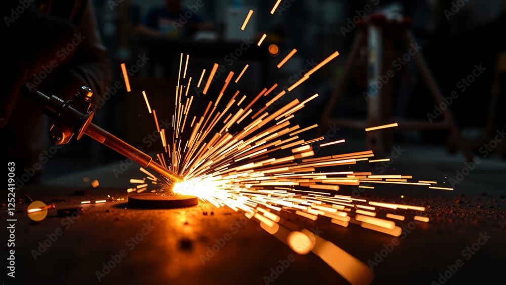Poster Close-Up View of Welding Torch Creating Sparks in Workshop Setting