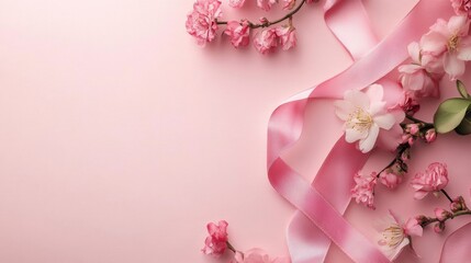 Floral Pink Ribbon with Cherry Blossoms for Breast Cancer Awareness on Pink Background