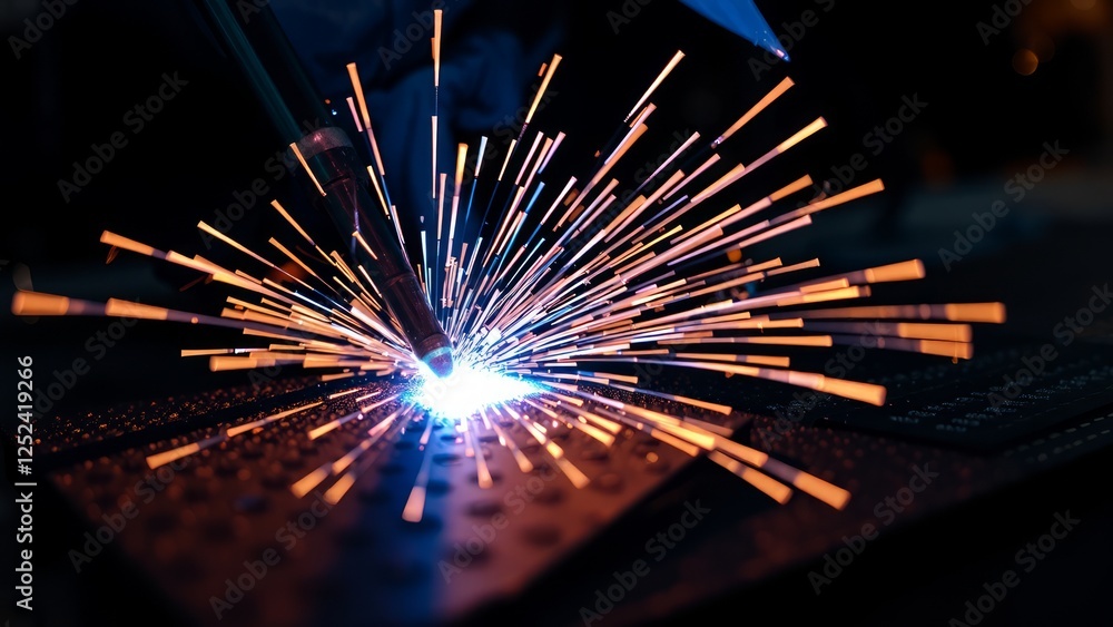 Poster sparks flying from welding torch in industrial workshop setting