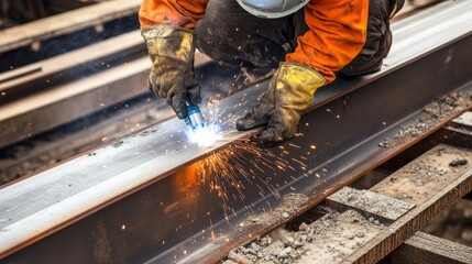 A close-up of a construction worker welding steel beams for a bridge construction project, Bridge construction scene, Welding craftsmanship style