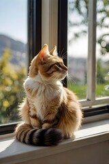 a cat sitting on a windowsill, watching birds outside.