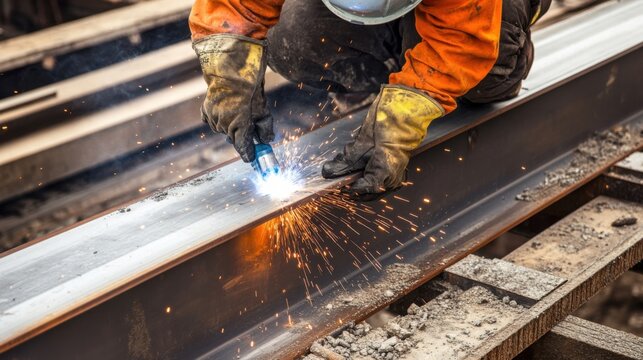 A close-up of a construction worker welding steel beams for a bridge construction project, Bridge construction scene, Welding craftsmanship style
