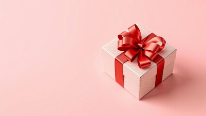 Obraz premium Elegant gift box with red ribbon on a soft pink background