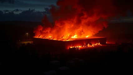 Intense Blaze Engulfs Warehouse at Night with Dark Smoke Clouds