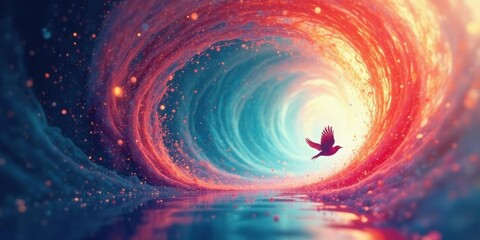 A solitary bird soars through a vibrant, swirling vortex of ocean waves, a journey of transformation and hope depicted in a breathtaking abstract artwork.