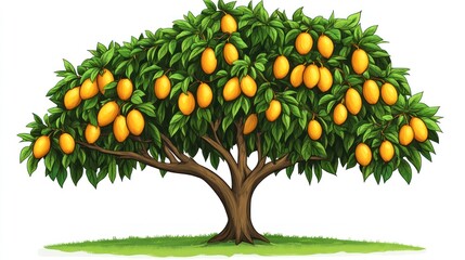 Fototapeta premium Ripe mangoes on tree, orchard background, healthy fruit, food illustration