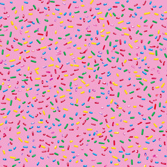 A lively sprinkle pattern on a pink background, featuring colorful shapes Great for baking, sweets, and joyful designs