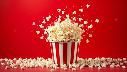Delicious Popcorn Burst in Striped Bucket on Bright Red Background