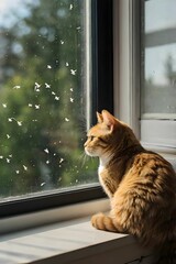 a cat sitting on a windowsill, watching birds outside.