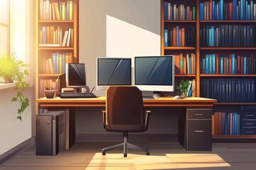 Sunlit Home Office with Bookshelves and Dual Monitors