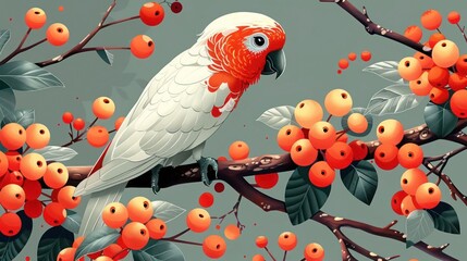 Fototapeta premium A colorful parrot perched on a branch with vibrant orange berries and green leaves.
