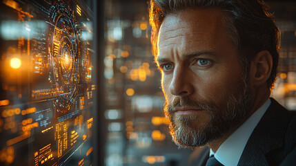 Focused businessman analyzing digital charts, cinematic business portrait