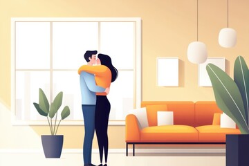 Romantic Embrace in Cozy Living Room with Bright Orange Couch and Indoor Plants, Home and Love Concept