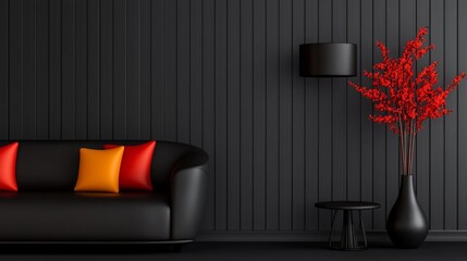 Modern Living Room Interior with Black Walls and Colorful Cushions. Generative AI