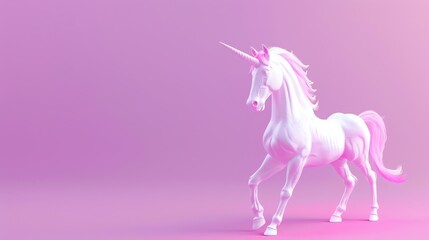 Fototapeta premium A white unicorn with a pink mane and tail stands against a pink background.