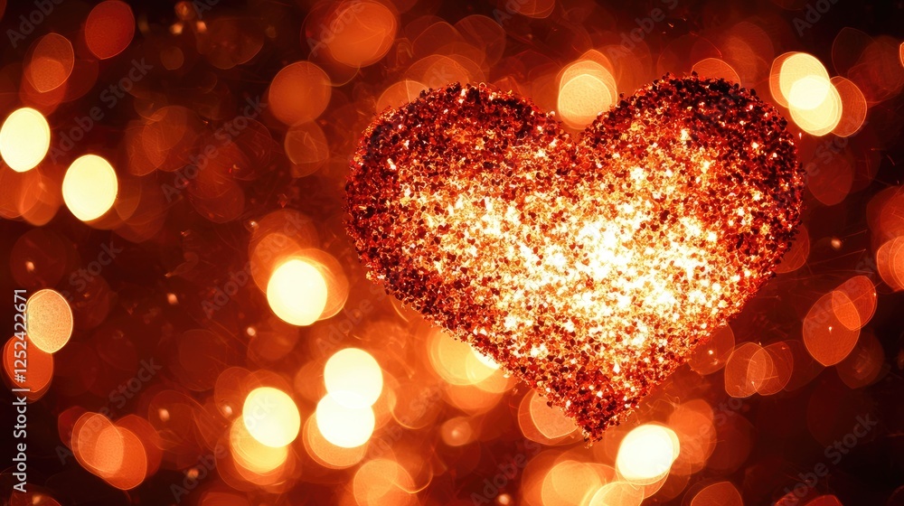 Poster sparkling heart shape with bokeh effect in warm golden glow