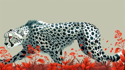 A stylized illustration of a cheetah among vibrant red foliage.