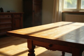 Warm sunlight illuminates a rustic wooden table with a single drawer