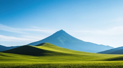 Fototapeta premium Majestic mountain peak, green hills, clear sky, sunrise. Landscape for travel brochure