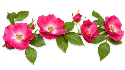 Vibrant Pink Flowers with Green Leaves on a White Background