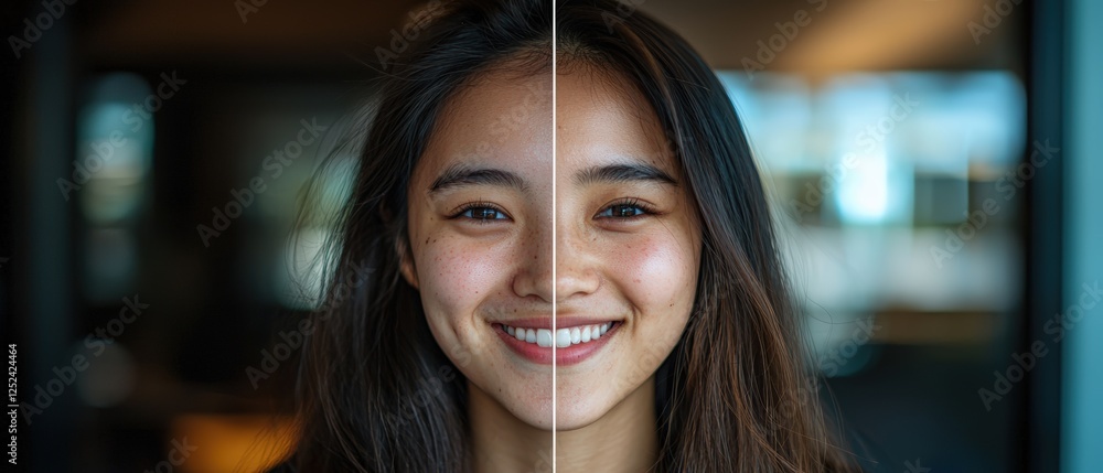 Poster person with different facial expressions captured in split image with natural lighting and soft focu