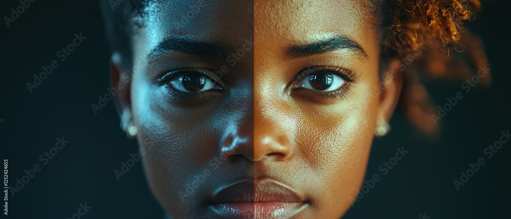 Poster diverse skin tones displayed in split-face portrait capturing complexion and facial features symmetr