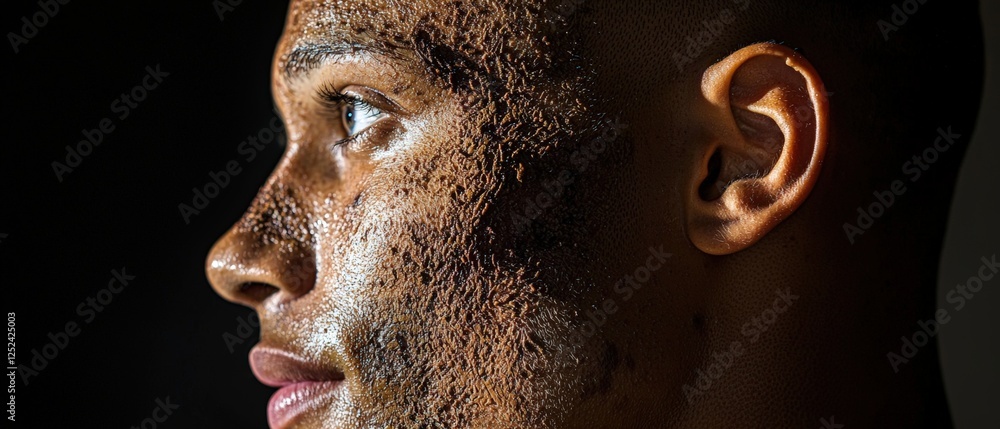 Poster profile of a person with a distinctive scar on the side of their face illuminated by soft light for 