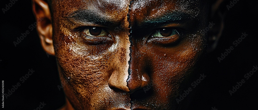 Poster close-up portrait of person with distinctive scar on one side of their face showcasing unique featur
