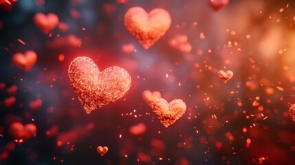 Floating Red Heart Shapes Against a Dark Background with Soft Focus and Ethereal Light