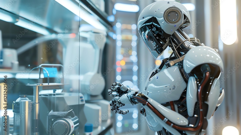 Poster a humanoid robot working in a futuristic lab.