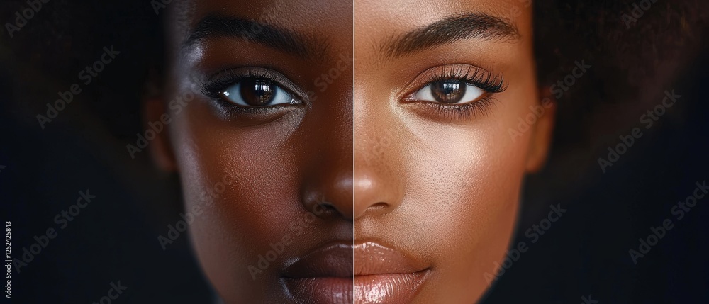 Poster portrait of a person with natural look displaying unique features on one side of the face in soft li
