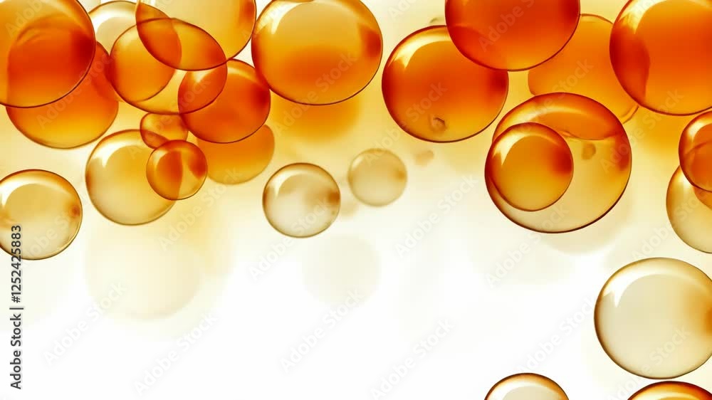 Poster bubbles of amber and gold dancing in a light-filled space, creating an abstract and mesmerizing disp