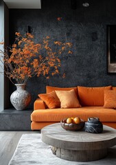 Modern Living Room Interior Design with Black Wall Orange Couch and Minimalist Decor in Scandinavian Style